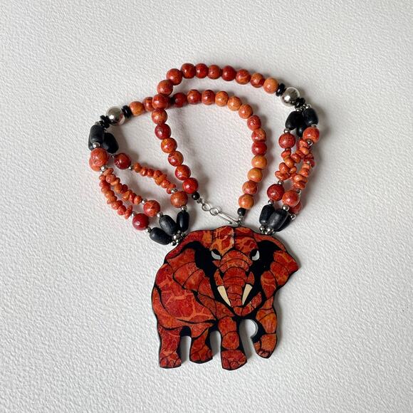 Giant 80s Elephant Wooden bead and Shell Inlay Statement Necklace - Picture 1 of 4